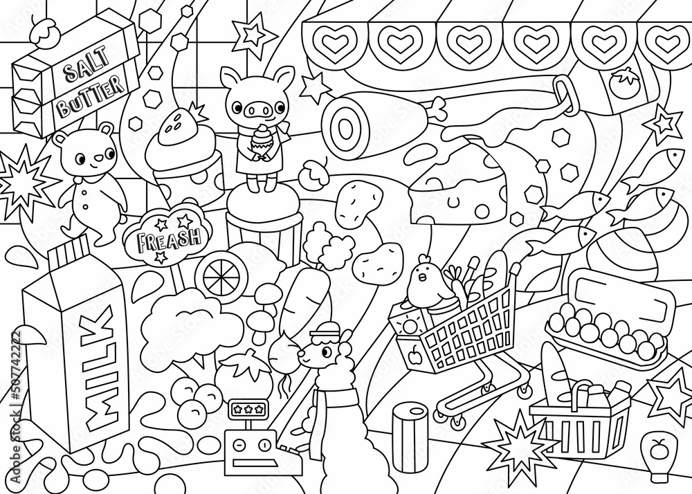 hand drawn illustration coloring page for kids. animal friend in supermarket. coloring page editable line stroke.