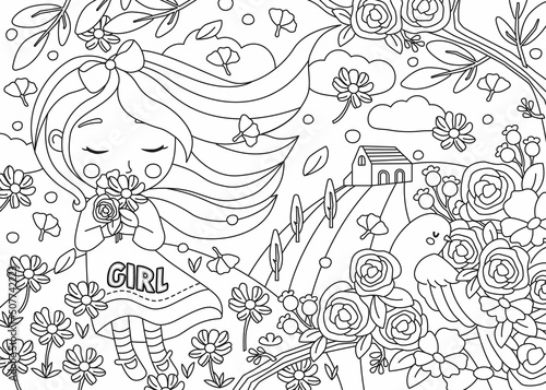 hand drawn illustration coloring page for kids. girl with flower. coloring page editable line stroke.