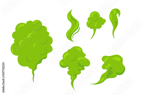 Bad smeeling clouds set. Green fart toxic smoke. Cartoon stinky old nasty odor fumes poison gas. Dirt aroma stench. Vector concept isolated on white background photo