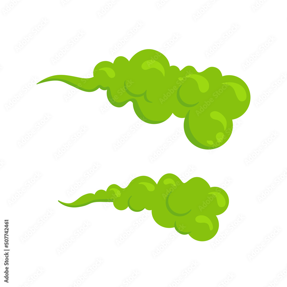 Bad smeeling cloud. Green fart toxic smoke. Cartoon stinky old nasty odor fumes poison gas. Dirt aroma stench. Vector concept isolated on white background Bad smeeling cloud. Green fart toxic smoke. Cartoon stinky old nasty odor fumes poison gas. Dirt aroma stench. Vector concept isolated on white background