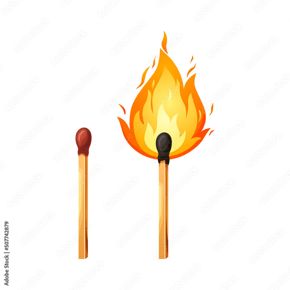 Burnt match stick with fire. Whole, ignite wooden matchstick. Cartoon ...