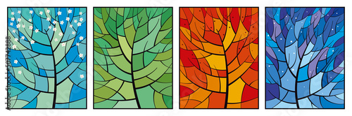 Stained glass window Seasons. A set of four vertical pictures. Tree branches and bright colored tiles