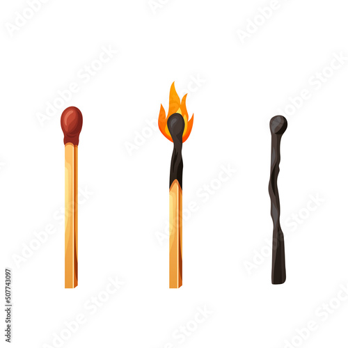 Burnt match stick with fire. Whole, ignite wooden matchstick. Cartoon safety isolated on white background. Vector set