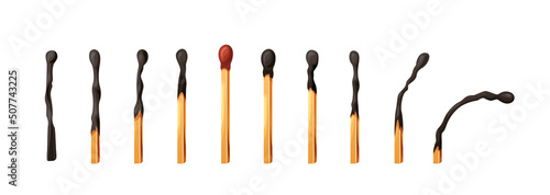 Burnt match stick with fire. Set of matchsticks with sulfur head flaming stages from ignition to extinction. Cartoon spark bonfire vector illustration