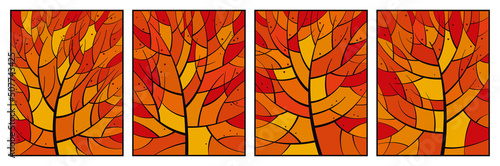 Stained glass autumn. A set of four vertical pictures. Tree branches and bright colored tiles