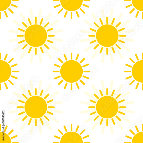 Yellow sun on a white background. Seamless cute pattern for decorative fabrics, fashion textiles. Vector.