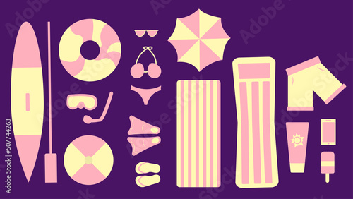 Summer Beach Accessories Set on dark background. Vector items and things for vacation near the sea, ocean. Pink and yellow. Simple flat illustration.