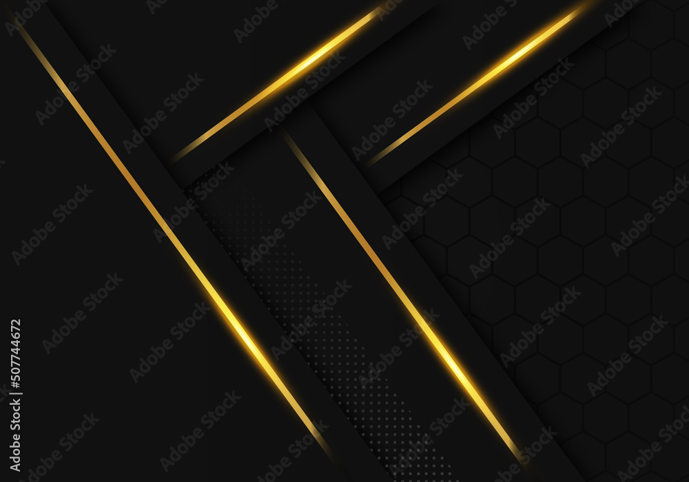 Modern Black Luxury Background with Gold Line Decoration on Dark Hexagon Pattern Metallic Background Modern Black Luxury Background with Gold Line Decoration on Dark Hexagon Pattern Metallic Background