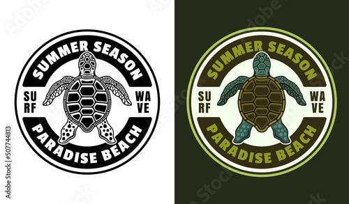 Summer season vector vintage emblem, label, badge or logo with sea turtle top view. Illustration in two styles black on white and colorful on dark background