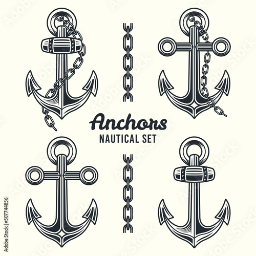 Anchors set of nautical vector objects or design elements in vintage monochrome style isolated on light background