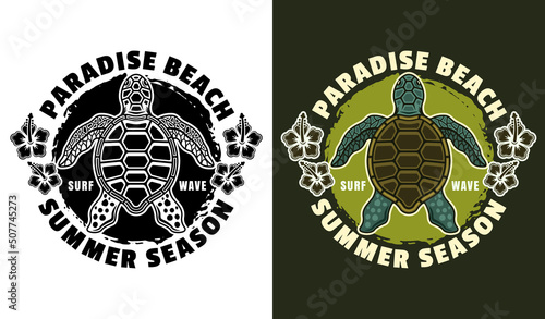 Paradise beach vector vintage emblem, label, badge or logo with sea turtle top view. Illustration in two styles black on white and colorful on dark background