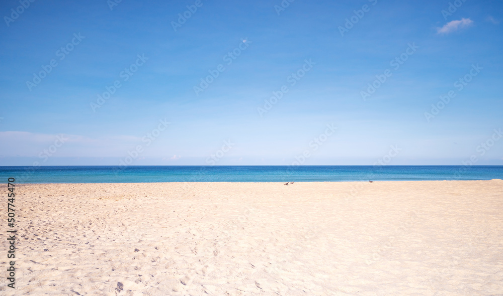 Tropical sandy beach with blue ocean and blue sky background image for nature background or summer background