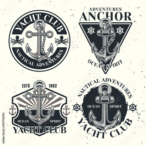 Yacht club set of vector emblems, labels, badges or logos in monochrome vintage style isolated on light background