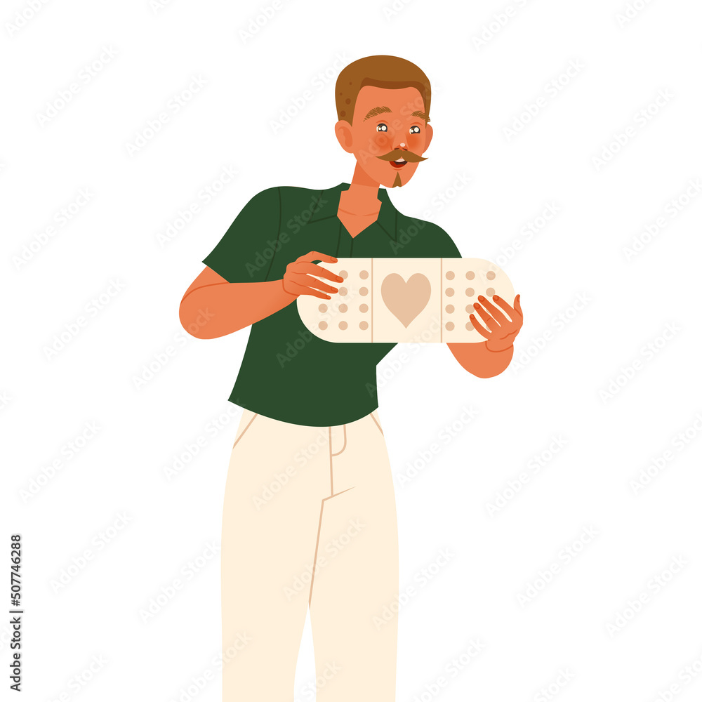 Man Character with Adhesive Plaster Caring about Planet Saving Ecosystem Vector Illustration Man Character with Adhesive Plaster Caring about Planet Saving Ecosystem Vector Illustration