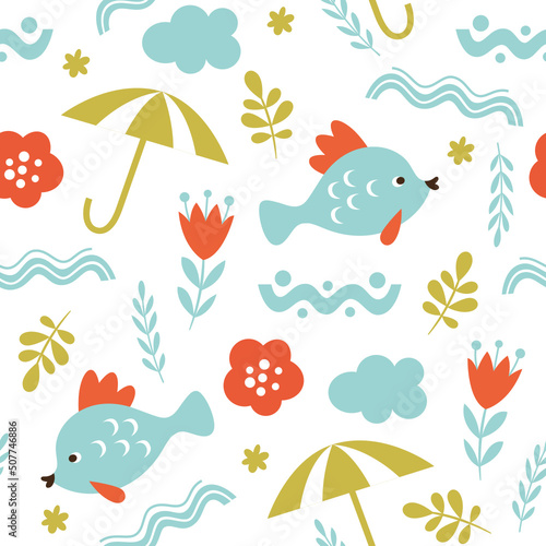 Seamless pattern with fish and plants. Fabric pattern, kids apparel print, wrapping gift paper 
