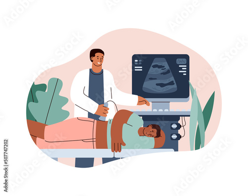 Doctor conducts an ultrasound examination flat vector illustration isolated.