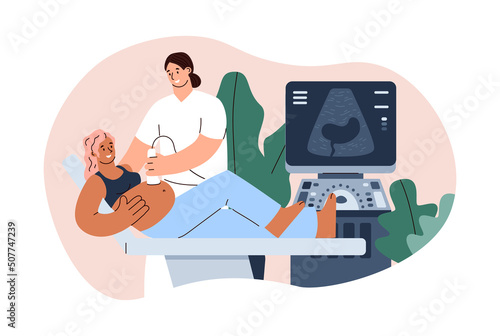 Doctor conducts an ultrasound exam of pregnant woman, flat vector isolated.