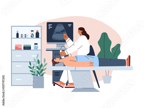 Ultrasonic diagnosis of thyroid gland, endocrinologist checks mans neck, flat vector illustration on white background.