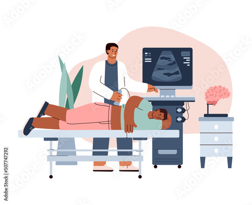 Doctor doing ultrasound diagnostic for patient flat vector illustration isolated.