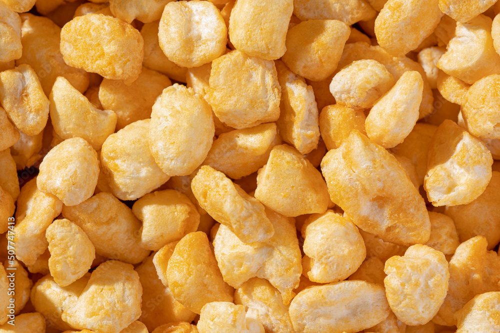 Puffed Corn Breakfast Cereal Texture Macro Background Flat Lay Close Up View Puffed Corn Breakfast Cereal Texture Macro Background Flat Lay Close Up View