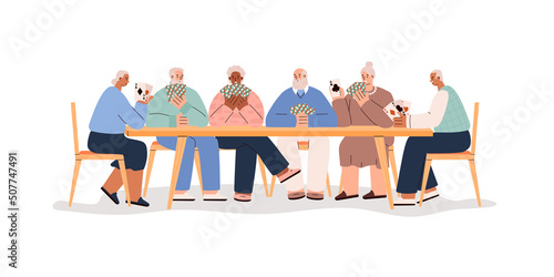 Older people play cards with a company, vector flat illustration on white background.