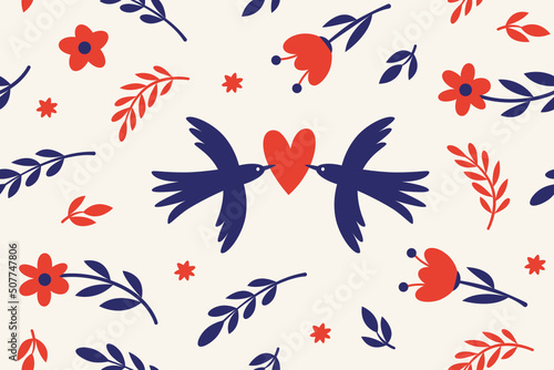 Seamless pattern with birds and flowers. Fabric pattern,  apparel print, wrapping paper	
