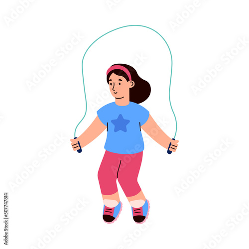 Girl jumping rope in school gym class or yard flat vector illustration isolated.