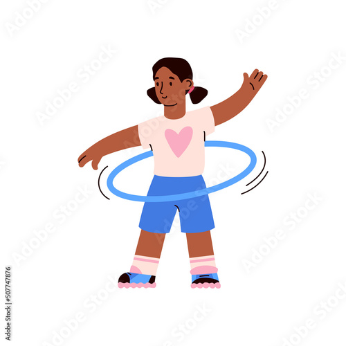 Young girl in t-shirt with heart and shorts spinning blue hula hoop flat style