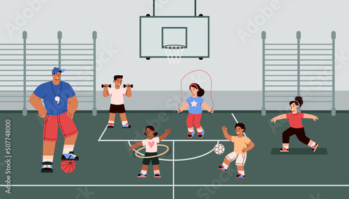 Children in the gym with a trainer physically train, vector flat illustration.