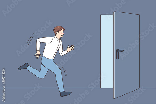 Young man running into open door strive for happy future and career success. Male in hurry move toward exit, escape from reality. Flat vector illustration. 