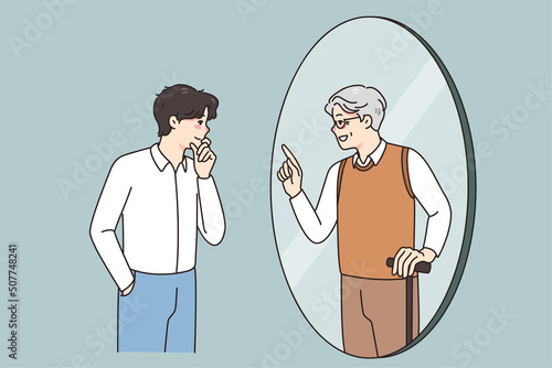 Young man look in mirror see talk with future old self. Younger generation male get advice from older generation himself. Lifetime and self-realization. Vector illustration. 