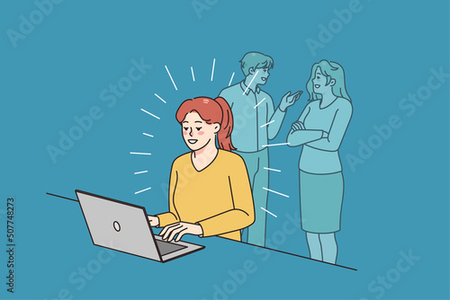 Happy young woman sit at desk work on computer distracted form colleagues talking in background. Smiling motivated female employee busy at laptop ignore social sounds. Vector illustration. 