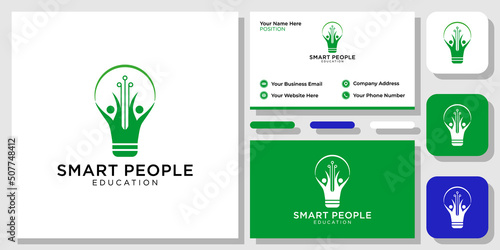 Smart People Education genius brain lamp lightbulb student university green with business card template 