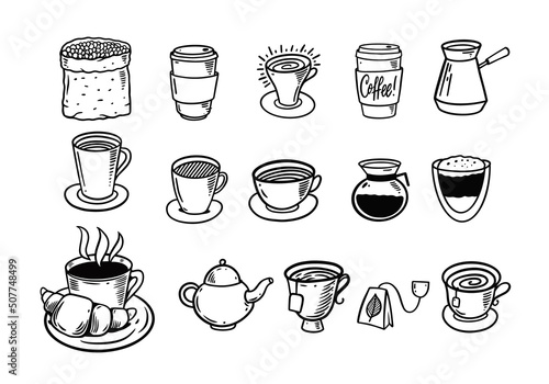 Hand drawn coffee doodles set. Black color sketch vector illustration.