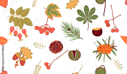 Seamless pattern with natural gifts of the forest.Chestnut fruits, wild roses, sea buckthorn and viburnum berries, acorns and pine cones.Autumn background and texture for printing on fabric and paper.