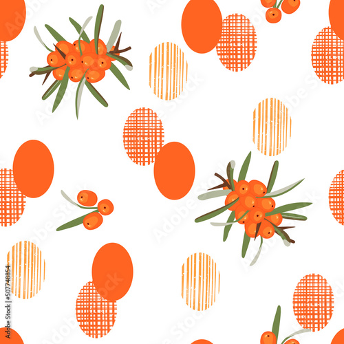 Seamless repeat pattern with  sea buckthorn berries and abstract shapes in orange colors.Fruits background and texture for printing on fabric and paper.Vector flat cartoon isolated illustration.