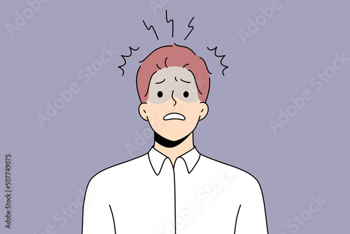 Unhappy male employee or worker feel frustrated and distressed with work problems. Anxious man worker stressed confused with news or ideas. Frustration and stress. Vector illustration.
