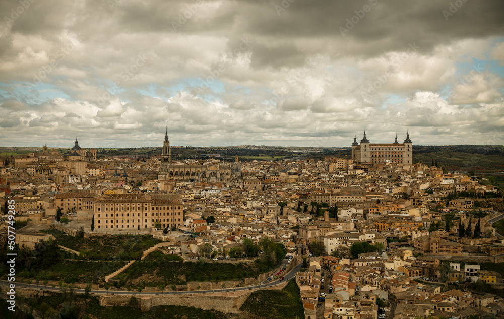 City skyline of Toledo, Spain, against cloudy sky