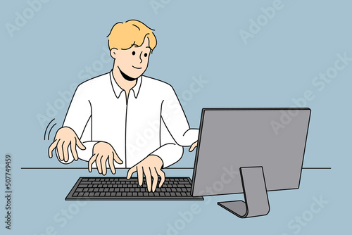 Businessman working on computer with numerous hands being fast and productive at work. Male employee typing at laptop at high speed. Productivity and multitasking. Vector illustration. 