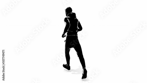 A man running. His outfit is training wear. The background is white. He has a lifestyle of exercise.