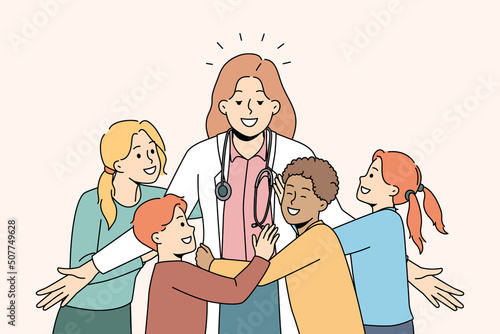 Happy little kids hugging smiling female doctor in clinic. Excited small children embrace pediatrician show love and care. Good medical service in hospital. Vector illustration. 