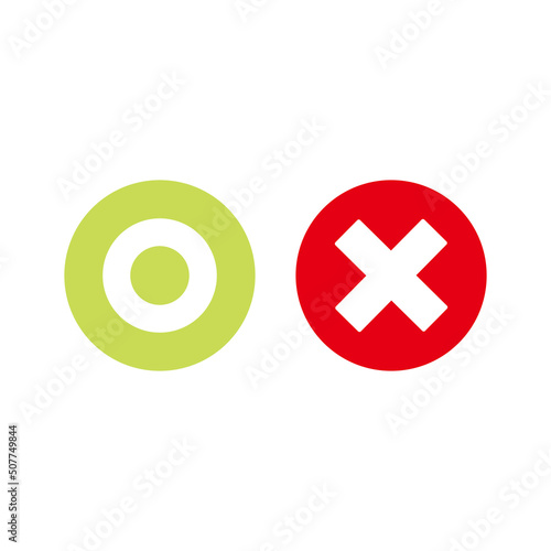 Flat o and x round shape icon vector, green circle and red cross