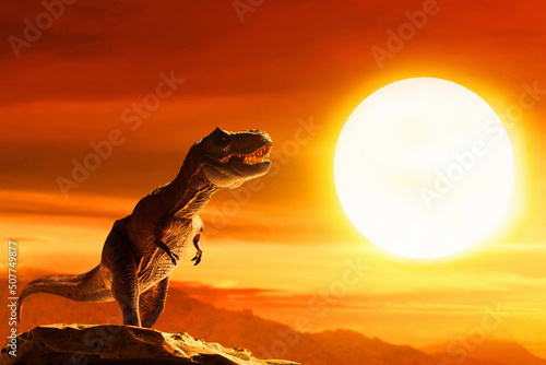 Leinwand Poster Dinosaur, tyrannosaurus rex on top mountain
