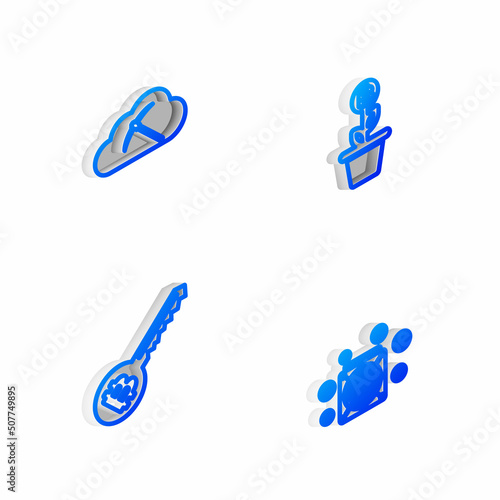 Set Isometric line Bitcoin plant in the pot, Cryptocurrency cloud mining, key and ASIC Miner icon. Vector