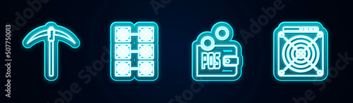 Set line Pickaxe, Mining farm, Proof of stake and ASIC Miner. Glowing neon icon. Vector