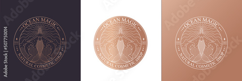 Mermaid logo. Brand template vector illustration. Siren and marine girl with a tail. Vintage Hand drawn vector illustration for logo and poster