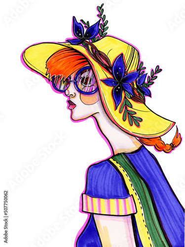 marker drawing of saturated colors portrait of a woman in profile in a hat with flowers summer outfit trends glasses and juicy shades