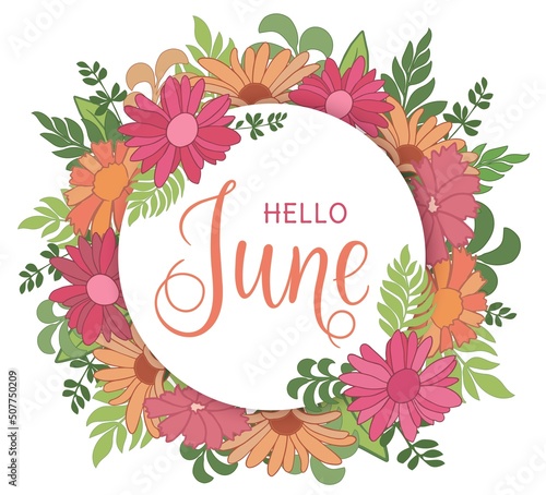 Handwritten, hello june, lettering message. June welcome quote with color leaves . Modern lettering. Hello June design for cards, banners, posters.