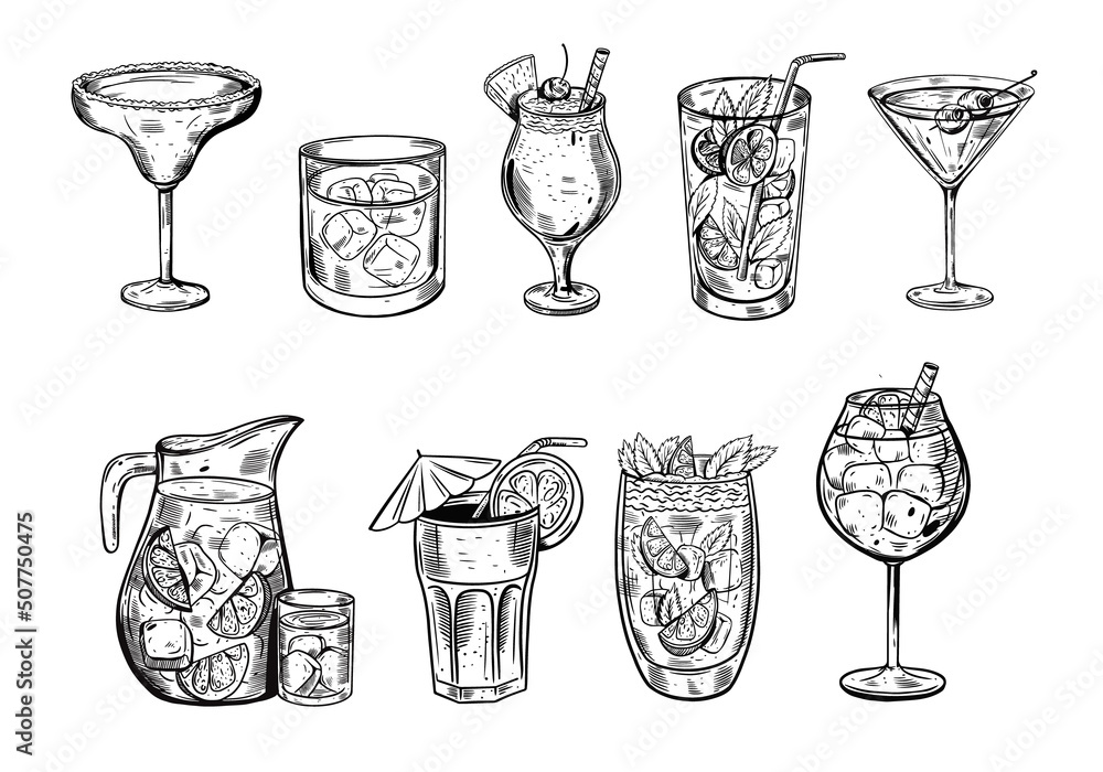 Hand drawn black color sketch cocktails set. Vector illustration. Stock ...