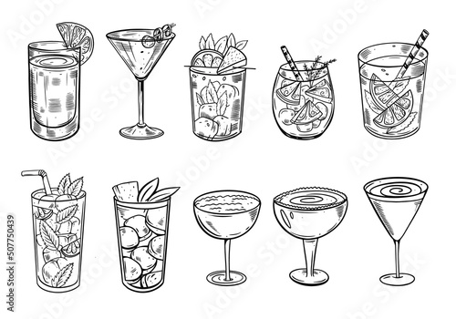Vector set glasses cocktails set. Hand drawn black color sketch vector illustration.